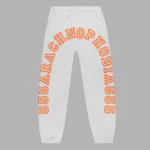Front view of the Sp5der Arach Sweatpants in Heather Grey featuring signature orange graphic print branding.