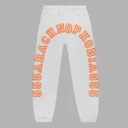 Front view of the Sp5der Arach Sweatpants in Heather Grey featuring signature orange graphic print branding.