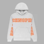 Front view of the Sp5der Arach Hoodie in heather grey featuring orange graphic text prints on the chest and sleeves.