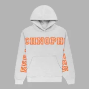 Front view of the Sp5der Arach Hoodie in heather grey featuring orange graphic text prints on the chest and sleeves.