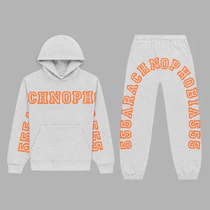 Sp5der Arach Tracksuit in Heather Grey featuring signature orange graphic print on a comfortable cotton fleece set.