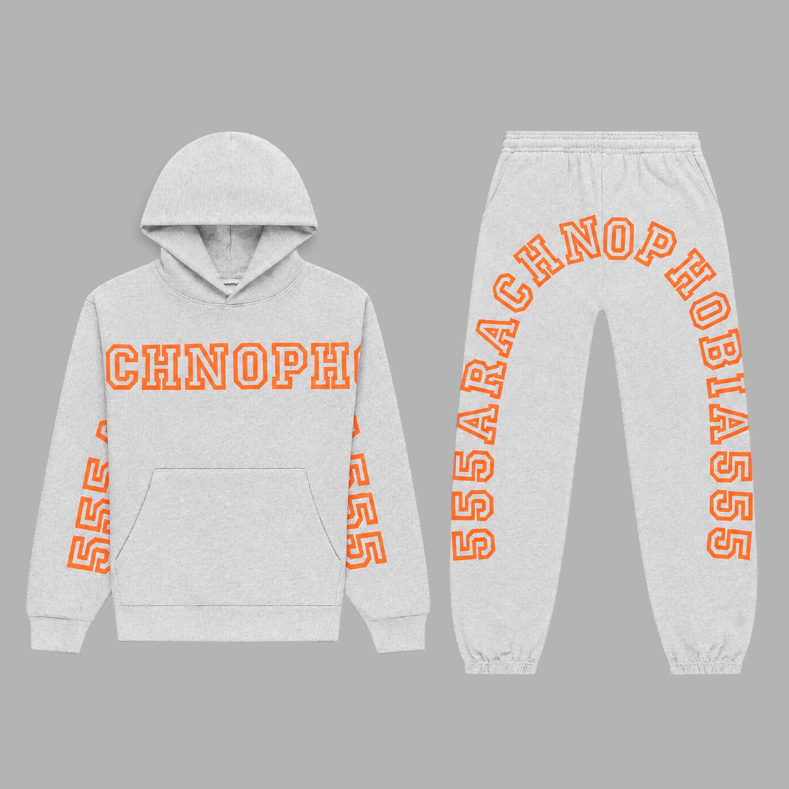 Sp5der Arach Tracksuit in Heather Grey featuring signature orange graphic print on a comfortable cotton fleece set.