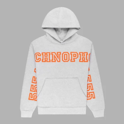Front view of the Sp5der Arach Hoodie in heather grey featuring orange graphic text prints on the chest and sleeves.