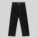 Front view of the Sp5der Beluga Denim Black Wash pants featuring a faded vintage look and signature graphic pattern.