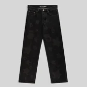 Front view of the Sp5der Beluga Denim Black Wash pants featuring a faded vintage look and signature graphic pattern.