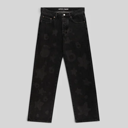 Front view of the Sp5der Beluga Denim Black Wash pants featuring a faded vintage look and signature graphic pattern.