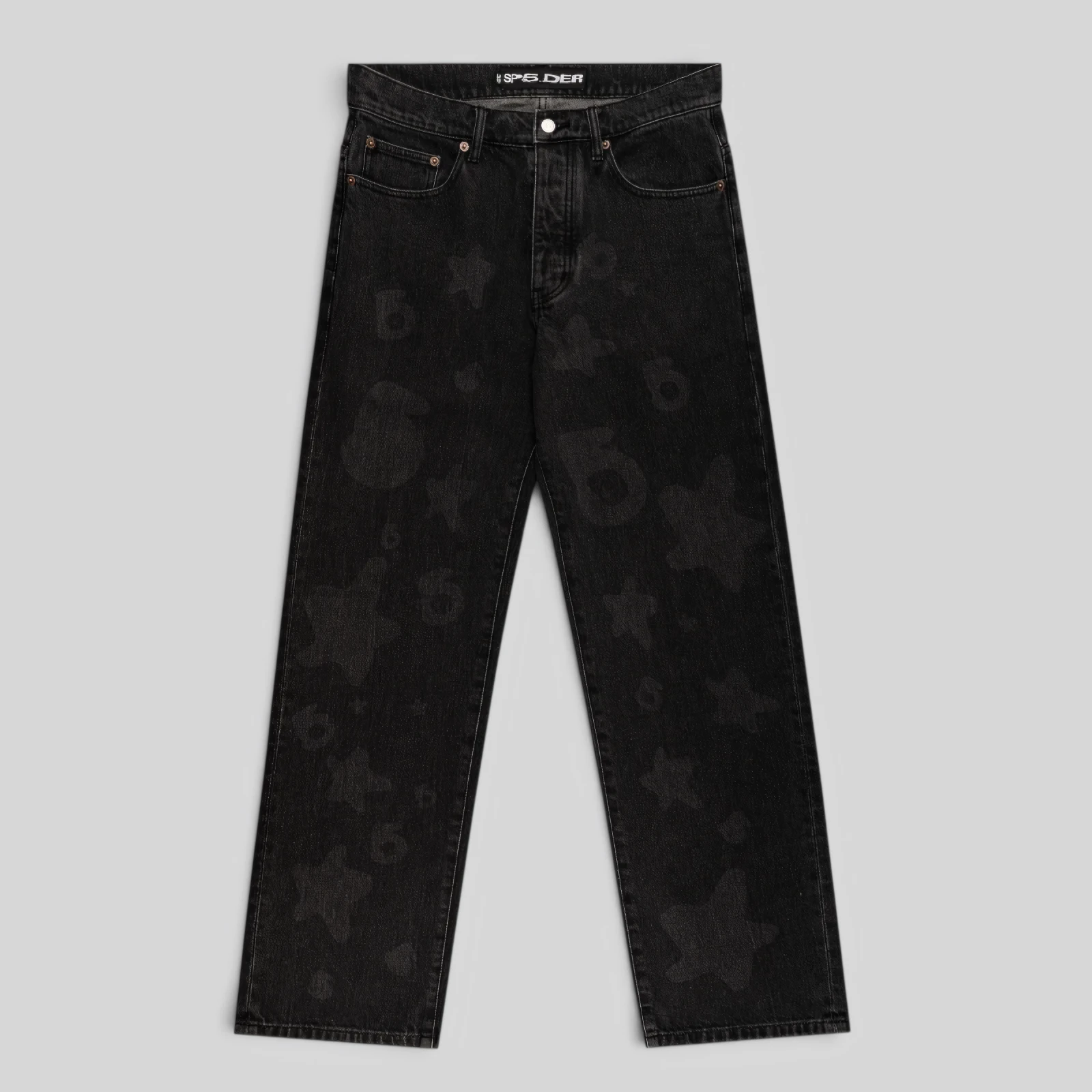 Front view of the Sp5der Beluga Denim Black Wash pants featuring a faded vintage look and signature graphic pattern.