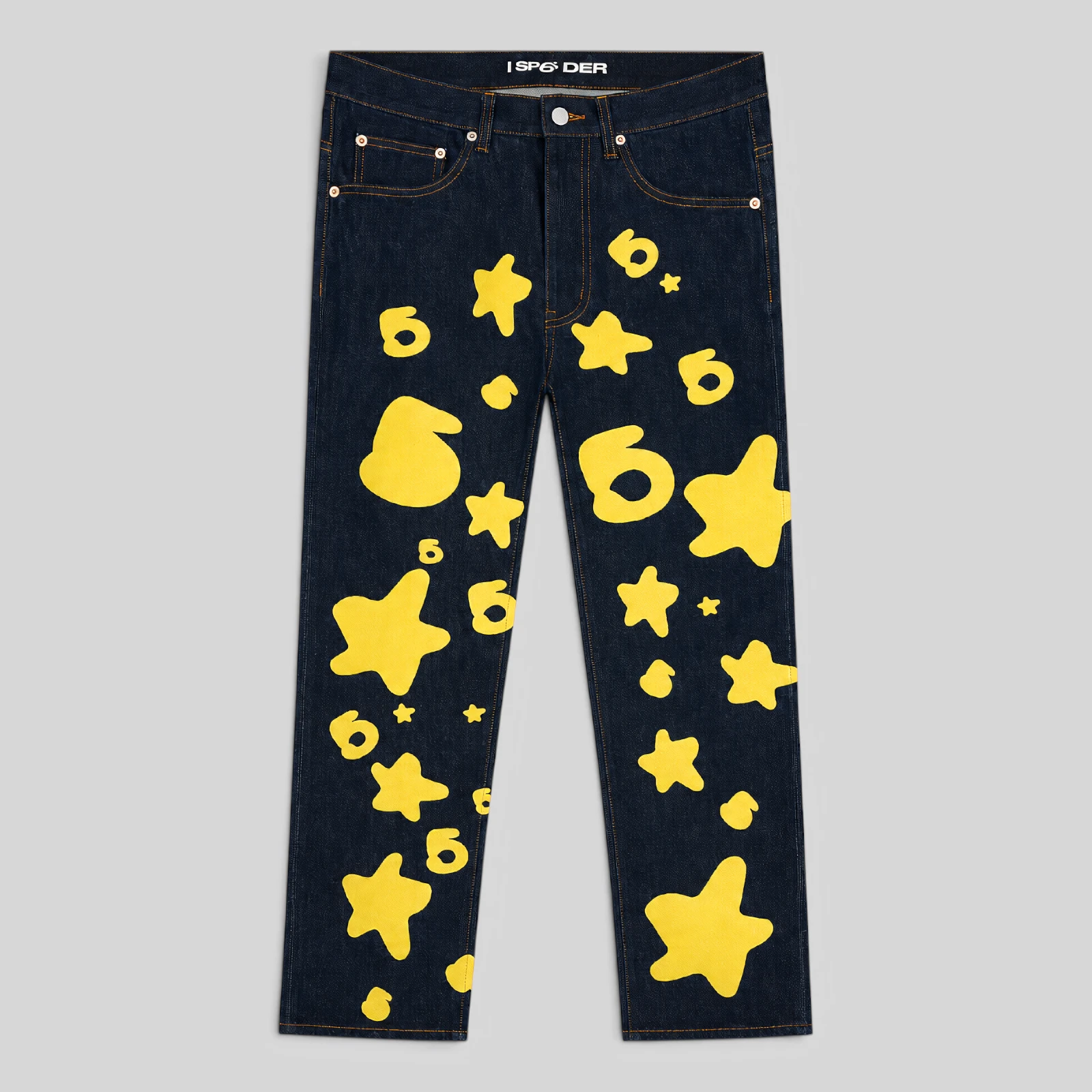 Front view of the Sp5der Beluga Indigo Denim pants featuring a signature yellow 5-star graphic print design.