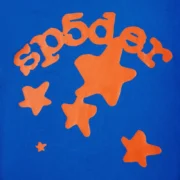 Closeup view of the blue Sp5der Beluga Tee featuring a bold orange plastisol graphic print on the front of the shirt.