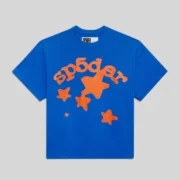 Front view of the blue Sp5der Beluga Tee with bold orange graphic print and premium cotton construction