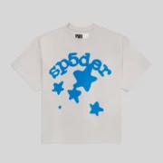 Front view of the white Sp5der Beluga Tee with blue plastisol graphic print made from 100% premium cotton fabric.