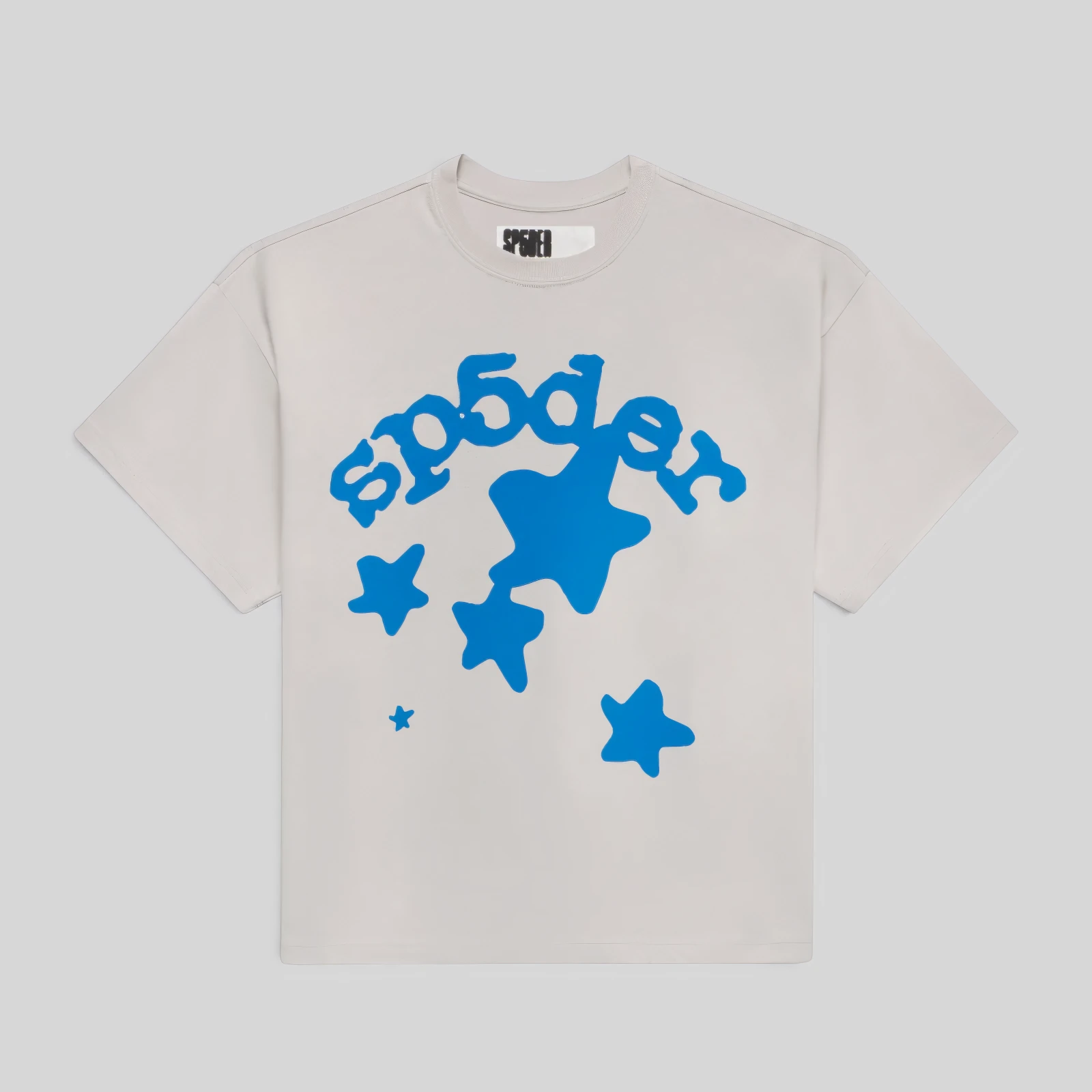 Sp5der Beluga Tee White Front View Front view of the white Sp5der Beluga Tee with blue plastisol graphic print made from 100% premium cotton fabric.