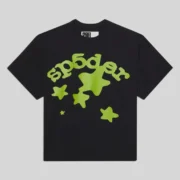 Front view of the black Sp5der Beluga t-shirt with a green graphic print logo and star designs on the chest