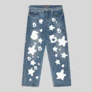 Sp5der Beluga Wash Denim in Light Indigo with signature white star and number graphic prints, front view display.