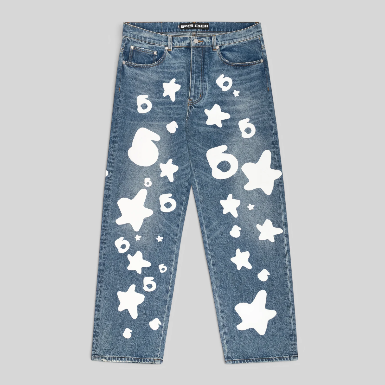 Sp5der Beluga Wash Denim in Light Indigo with signature white star and number graphic prints, front view display.