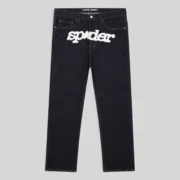 Front view of the Sp5der V3 Indigo Denim jeans featuring the signature Sp5der branding from the FW24 collection.