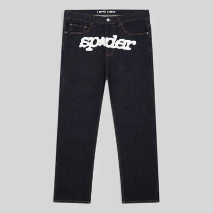Front view of the Sp5der V3 Indigo Denim jeans featuring the signature Sp5der branding from the FW24 collection.