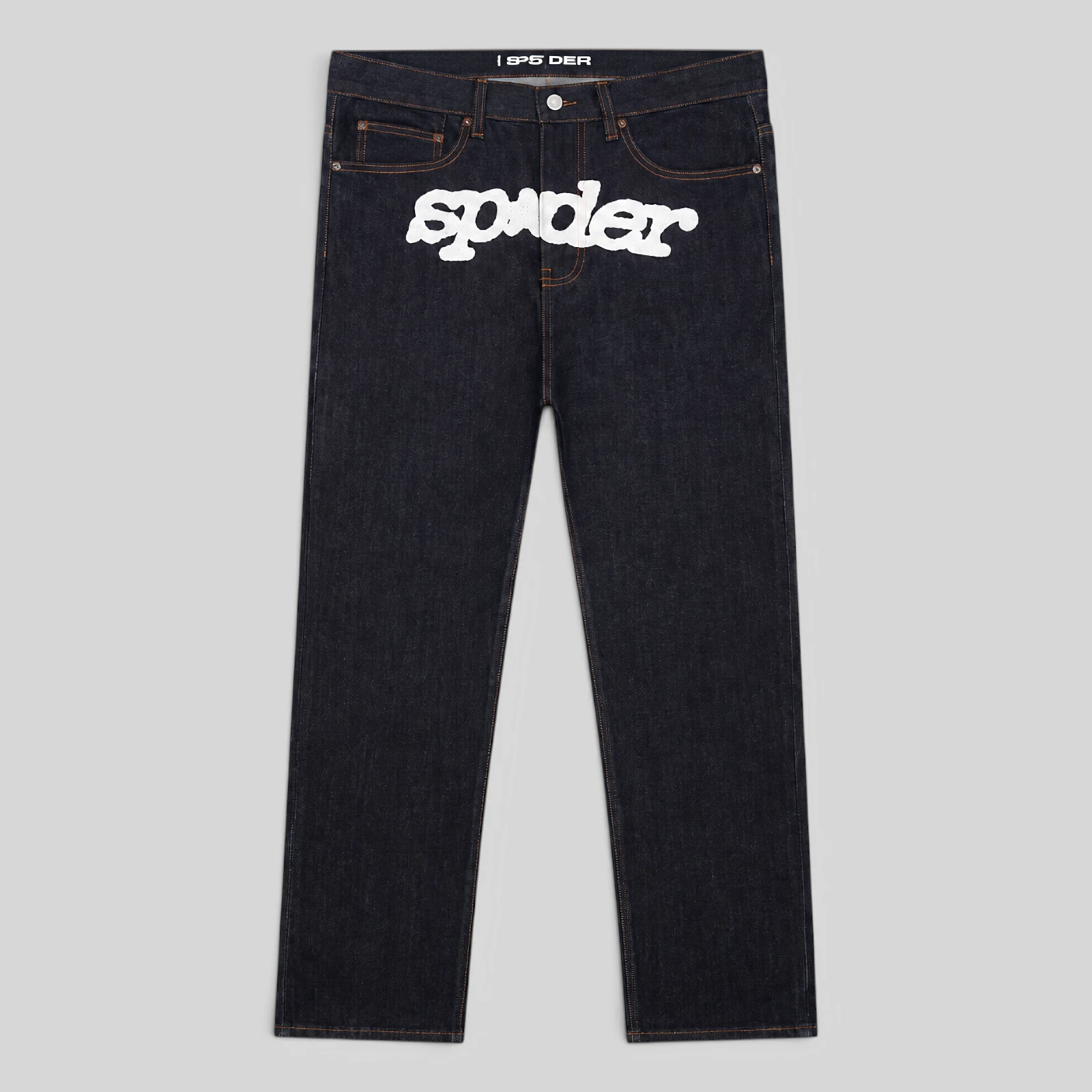 Front view of the Sp5der V3 Indigo Denim jeans featuring the signature Sp5der branding from the FW24 collection.