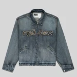 Sp5der Denim Work Jacket in Light Blue Wash featuring a zip-up front closure and frayed embroidered chest logo.