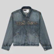 Sp5der Denim Work Jacket in Light Blue Wash featuring a zip-up front closure and frayed embroidered chest logo.