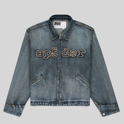Sp5der Denim Work Jacket in Light Blue Wash featuring a zip-up front closure and frayed embroidered chest logo.