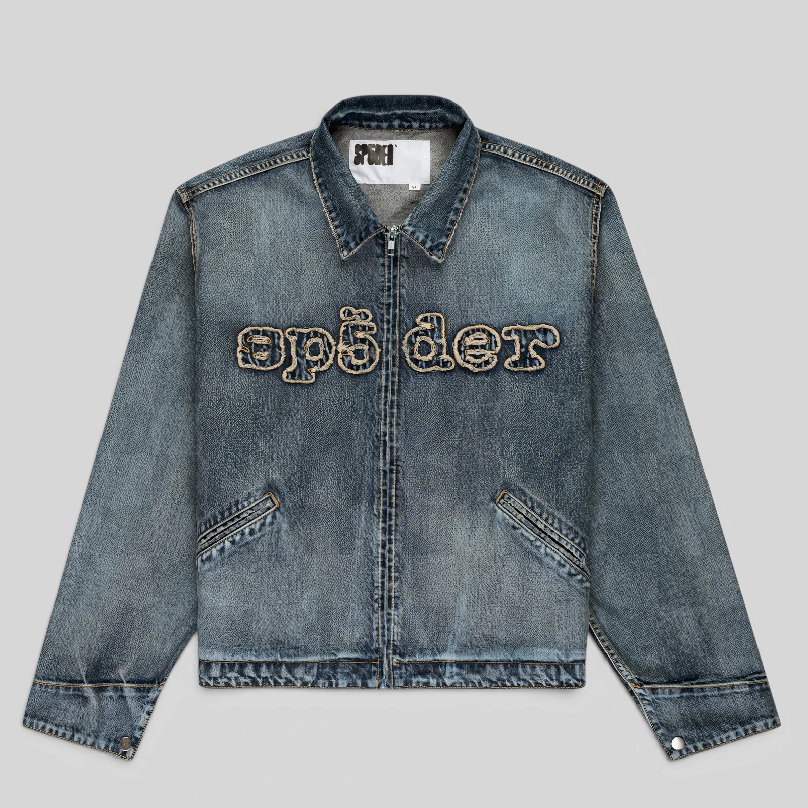 Sp5der Denim Work Jacket in Light Blue Wash featuring a zip-up front closure and frayed embroidered chest logo.