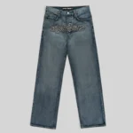 Sp5der Denim Work Pant in Light Blue Wash featuring a frayed embroidered logo on the front rise in a straight-leg fit.