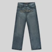 Sp5der Denim Work Pant in Light Blue Wash featuring a frayed embroidered logo on the front rise in a straight-leg fit.