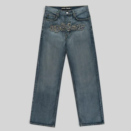 Sp5der Denim Work Pant in Light Blue Wash featuring a frayed embroidered logo on the front rise in a straight-leg fit.