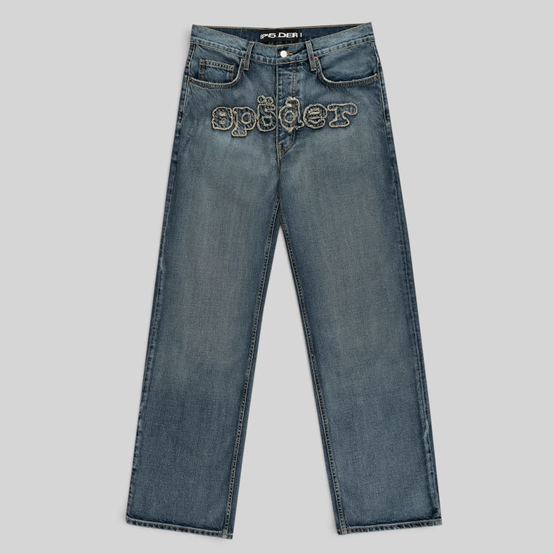 Sp5der Denim Work Pant in Light Blue Wash featuring a frayed embroidered logo on the front rise in a straight-leg fit.