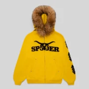 Sp5der Yellow Fur Hooded Zip Up Sweatshirt featuring premium 13oz cotton fleece and signature branding front view.