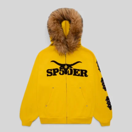 Sp5der Yellow Fur Hooded Zip Up Sweatshirt featuring premium 13oz cotton fleece and signature branding front view.