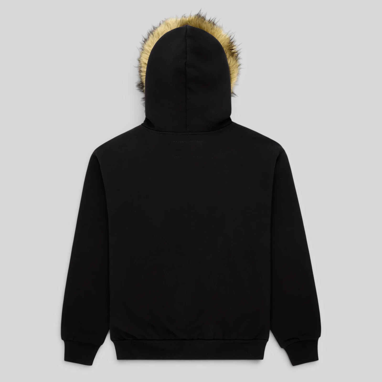 Back view of the Sp5der Garibaldi Zip Up in black featuring a premium faux fur hooded design and cotton fleece build.