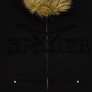 Close-up view of the Sp5der Garibaldi Zip Up in black, highlighting the faux fur hood detail and signature logo.