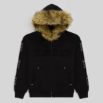 Sp5der Garibaldi Zip Up in Black featuring a faux fur hood and intricate sleeve accents with pink stone appliqué