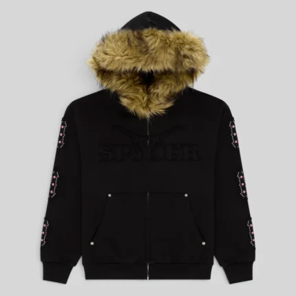 Sp5der Garibaldi Zip Up in Black featuring a faux fur hood and intricate sleeve accents with pink stone appliqué
