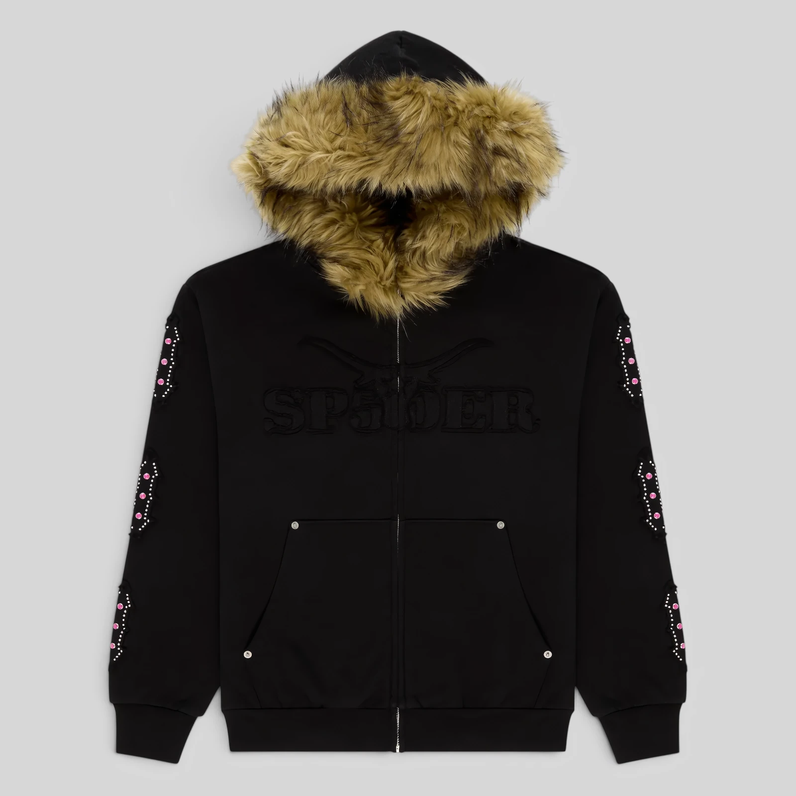 Sp5der Garibaldi Zip Up in Black featuring a faux fur hood and intricate sleeve accents with pink stone appliqué