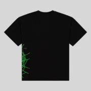 Back view of the black Sp5der Heavy Web cotton tee featuring a neon green spider web graphic on the lower side.