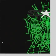 Close-up view of the Sp5der Heavy Web Black Tee featuring a vibrant neon green spider web graphic and star print.