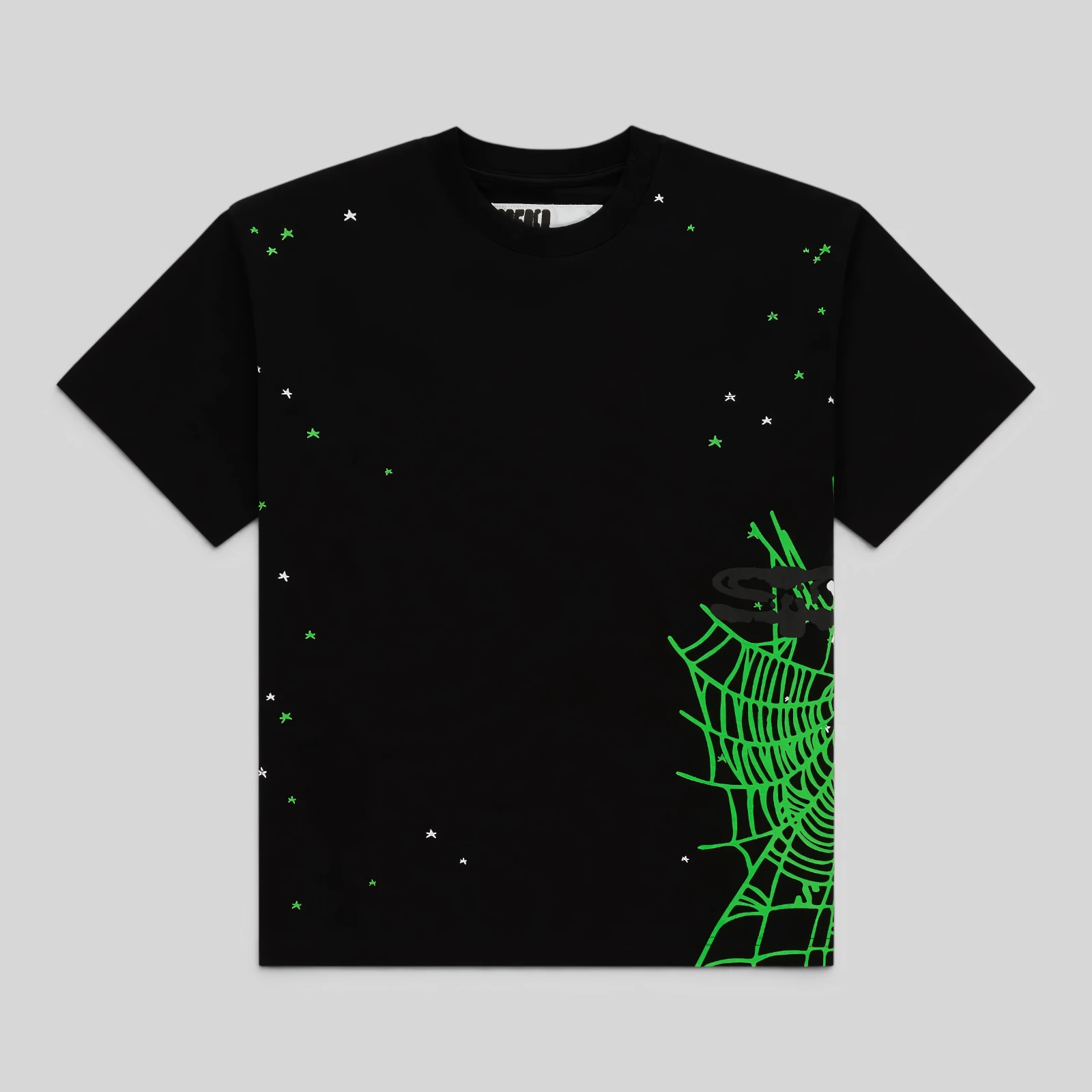 Sp5der Heavy Web Black Tee Front Graphic View Sp5der Heavy Web Black Tee front view featuring a neon green spider web graphic and scattered star print design.