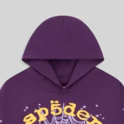 Close-up of the Sp5der OG Web V2 Hoodie in purple featuring the iconic web and star graphic print design.
