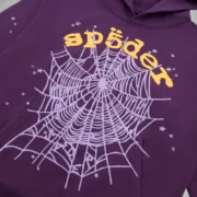 Front view of the Purple Sp5der OG Web V2 hoodie featuring signature spider web graphic and logo puff print details.