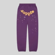 Front view of the purple Sp5der OG Web V2 sweatpants featuring signature yellow branding and star graphic details.