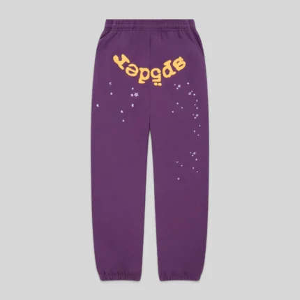 Front view of the purple Sp5der OG Web V2 sweatpants featuring signature yellow branding and star graphic details.