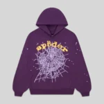 Front view of the purple Sp5der OG Web V2 Hoodie featuring the signature yellow spider logo and web print design.