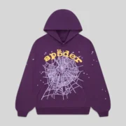 Front view of the purple Sp5der OG Web V2 Hoodie featuring the signature yellow spider logo and web print design.
