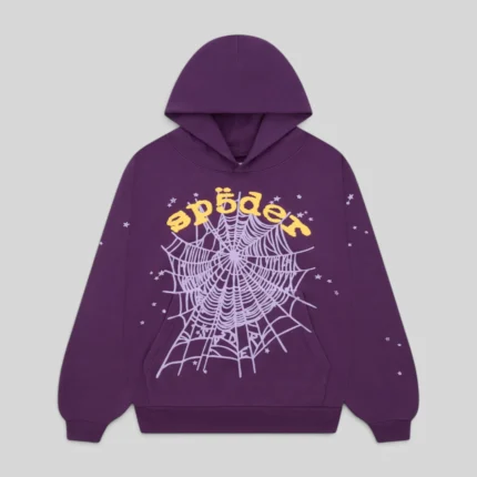 Front view of the purple Sp5der OG Web V2 Hoodie featuring the signature yellow spider logo and web print design.