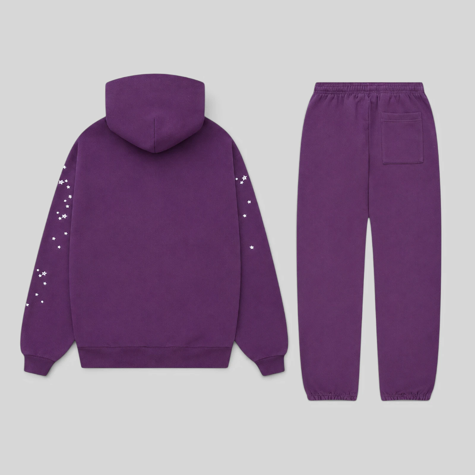 Back view of the Purple Sp5der OG Web V2 heavyweight cotton fleece tracksuit featuring star graphic details.