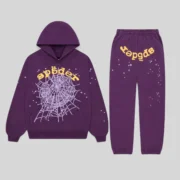 Sp5der OG Web V2 Tracksuit in Purple featuring a heavyweight cotton hoodie and matching joggers with signature web graphics.