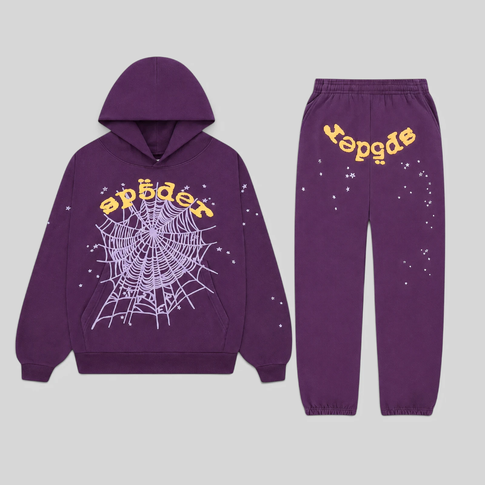 Sp5der OG Web V2 Tracksuit in Purple featuring a heavyweight cotton hoodie and matching joggers with signature web graphics.